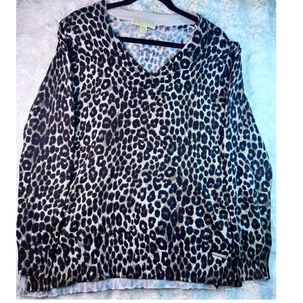 Michael Kors Women Leopard Print V-Neck Sweater Tan Black Animal Print Top L A13